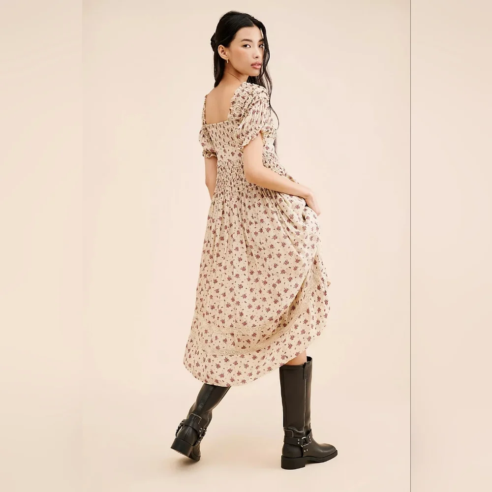 Free People Bali Juniper Smocked Boho Maxi Dress Floral Puff Sleeve - Picture 2 of 6